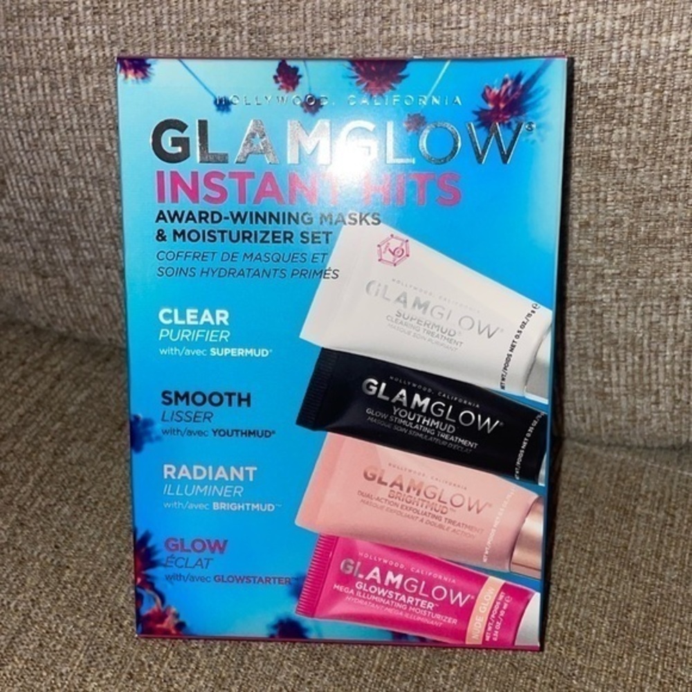 Glam Glow Instant Hits Award Winning Face Skin Masks & Moisturizer Set of 4 Mini